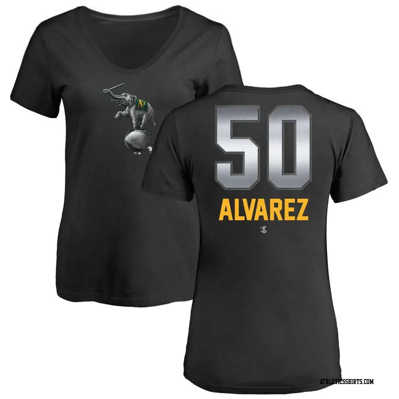 Women's Oakland Athletics ＃50 Armando Alvarez Black Midnight Mascot V-Neck T-Shirt