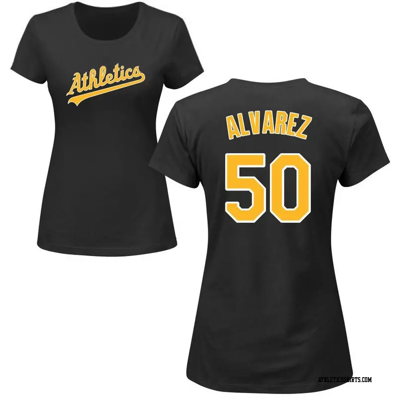 Women's Oakland Athletics ＃50 Armando Alvarez Black Roster Name & Number T-Shirt