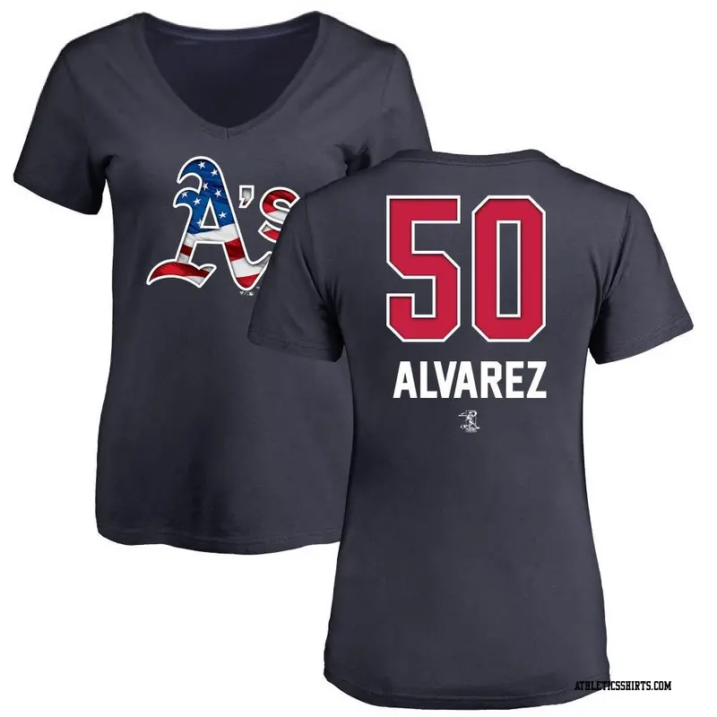 Women's Oakland Athletics ＃50 Armando Alvarez Navy Name and Number Banner Wave V-Neck T-Shirt