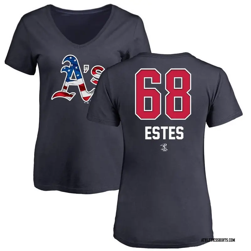 Women's Oakland Athletics ＃68 Joey Estes Navy Name and Number Banner Wave V-Neck T-Shirt
